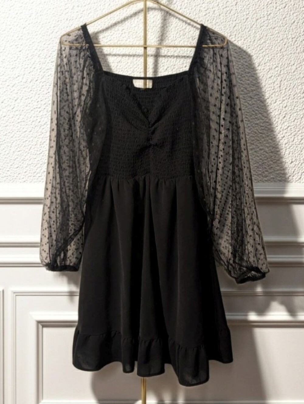 Altar'd State Sweetheart Neck Long Puff Dot Sleeve Mini Black Dress, Size M